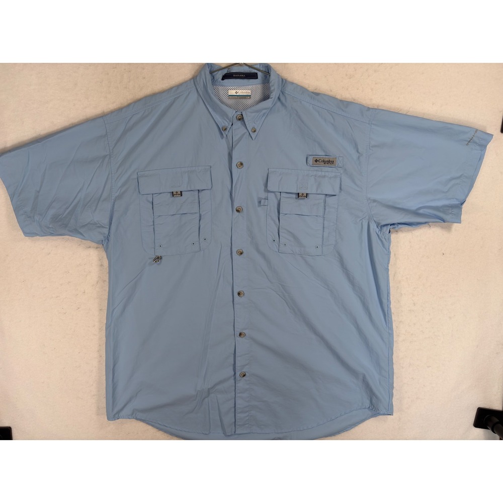 Columbia PFG Bahama II Fishing Shirt Mens Large Blue Short Sleeve Button Down